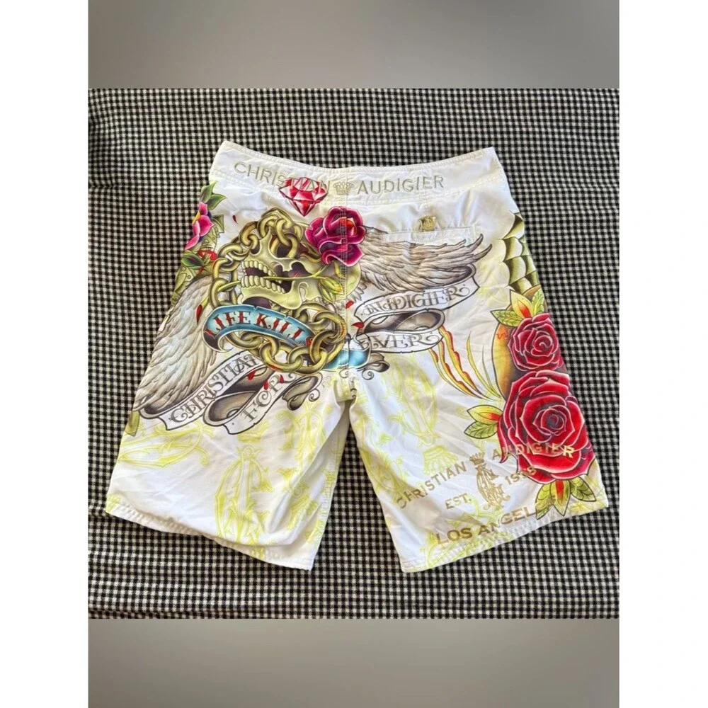 Christian Audigier Tattoo-Print Ed Hardy Board Shorts with Skull/Tiger Y2K! 💀